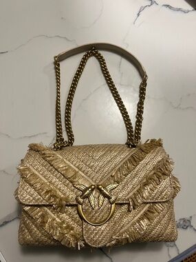 Pinko Raffia Fringe Shoulder Bag with Gold Ring Detail - Natural